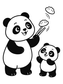 A cute panda coloring page featuring a parent panda with chopsticks catching dumplings alongside its baby.
