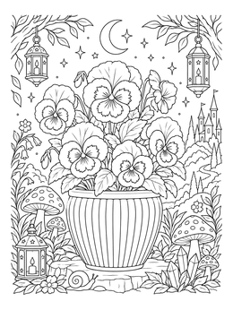 Intricate flower pot coloring page featuring pansies, lanterns, and mushrooms under a crescent moon.