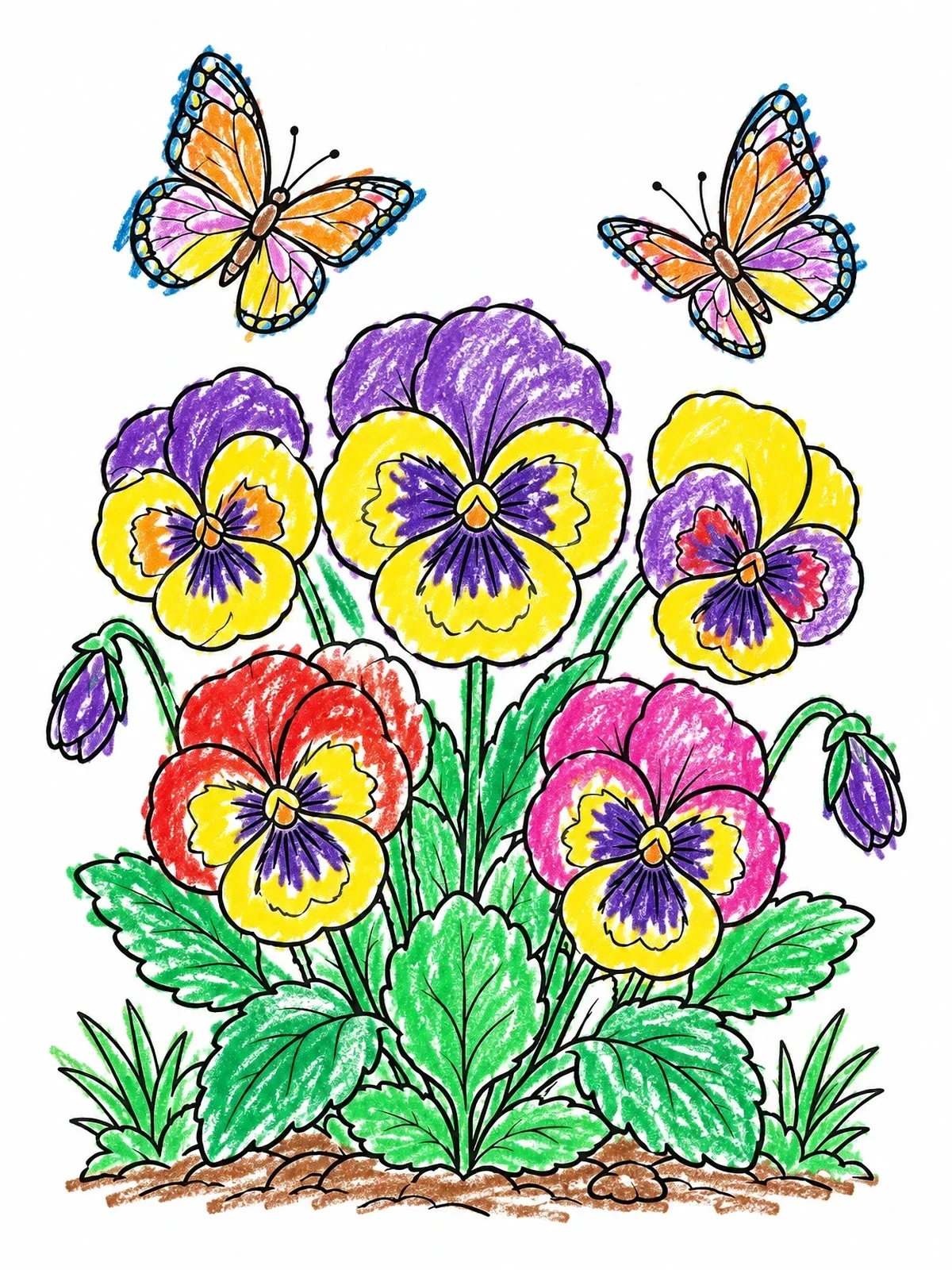 Colored example of the Blooming Pansies With Fluttering Butterflies coloring page