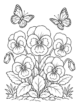 Free printable Blooming Pansies With Fluttering Butterflies coloring page