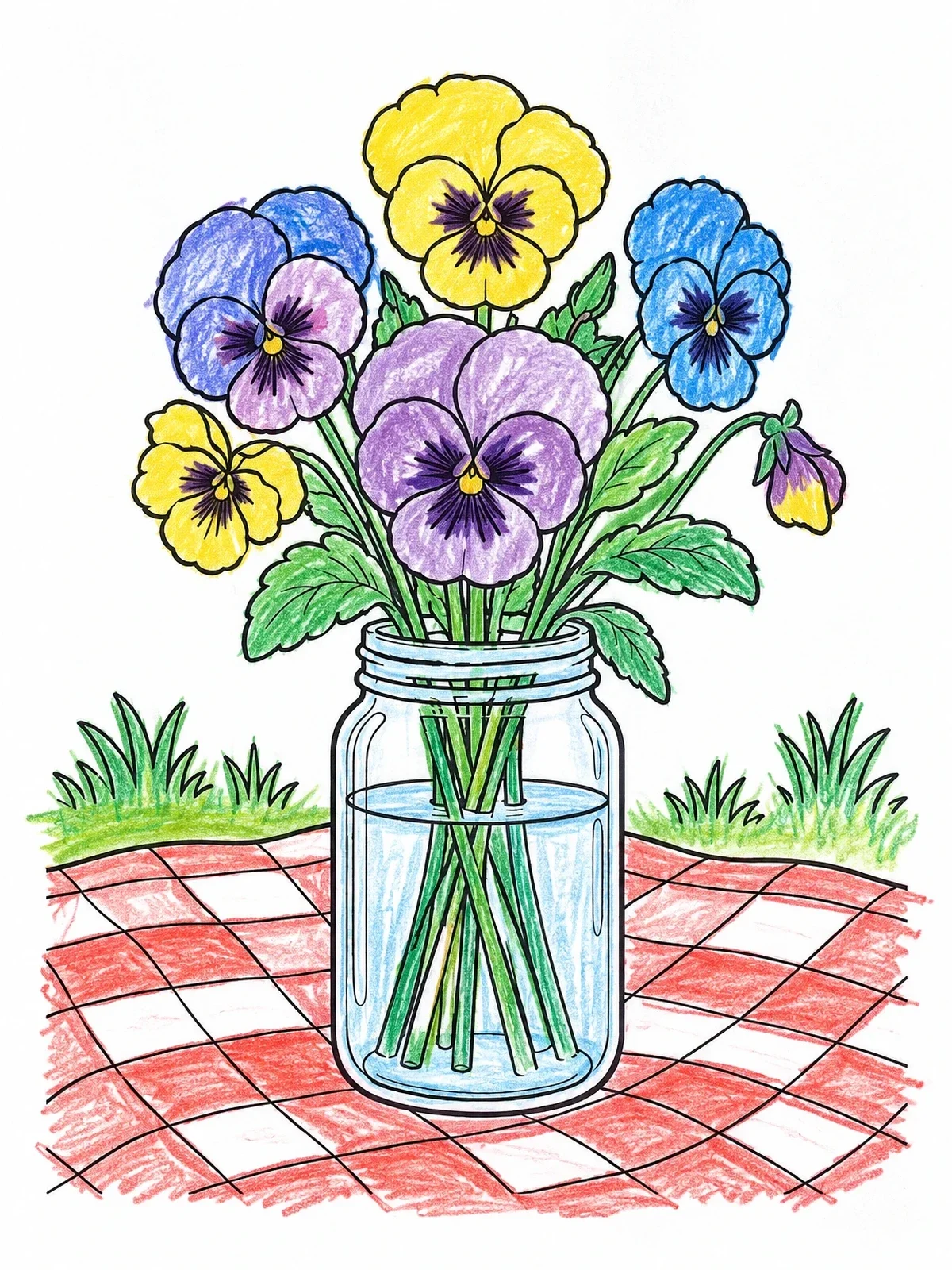 Colored example of the Pansy Bouquet In Glass Jar coloring page