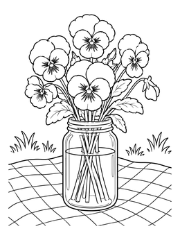 A glass jar bouquet on a blanket features in this charming pansy coloring page.