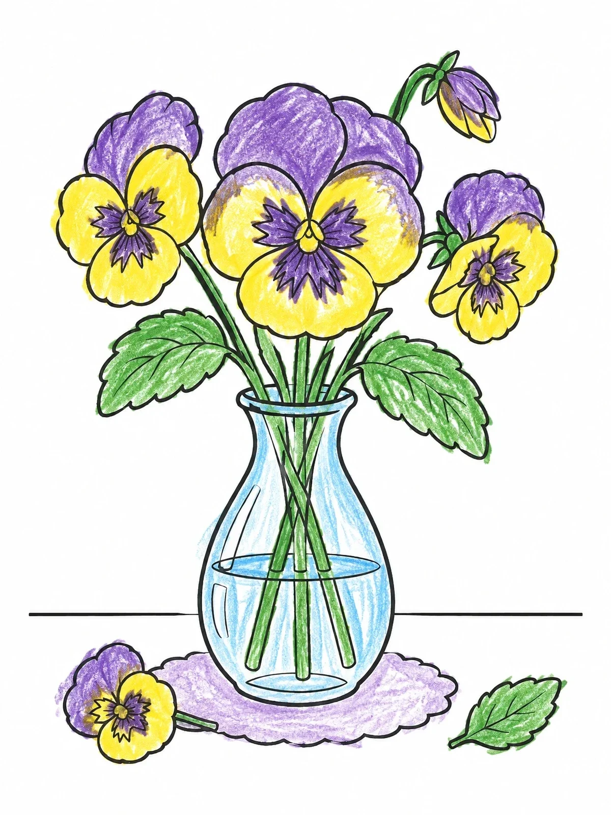 Colored example of the Pansy Bouquet In Glass Vase coloring page