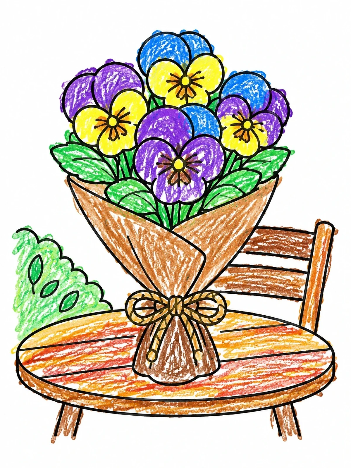 Colored example of the Pansy Bouquet On Garden Table coloring page
