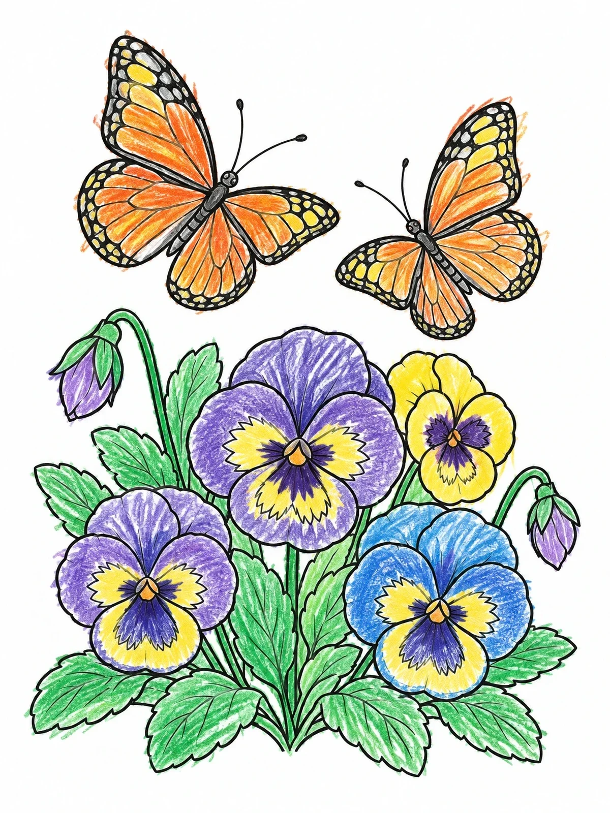 Colored example of the Butterflies Over Garden Pansies coloring page