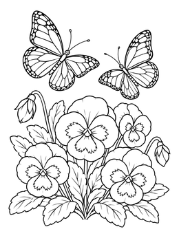 Free printable Butterflies Over Garden Pansies coloring page