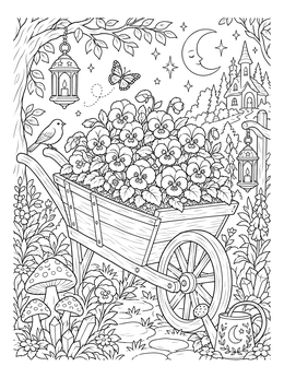 A rustic wheelbarrow filled with flowers in this pansy coloring page under a starry sky.