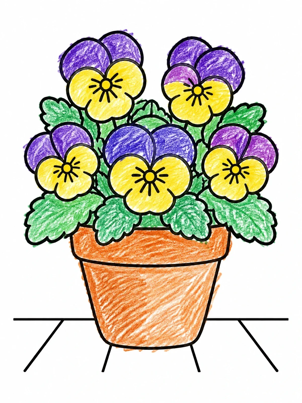 Colored example of the Pansy Flowers In A Flowerpot coloring page