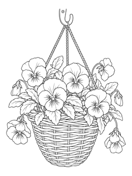 A woven hanging basket filled with flowers on this pansy coloring page.