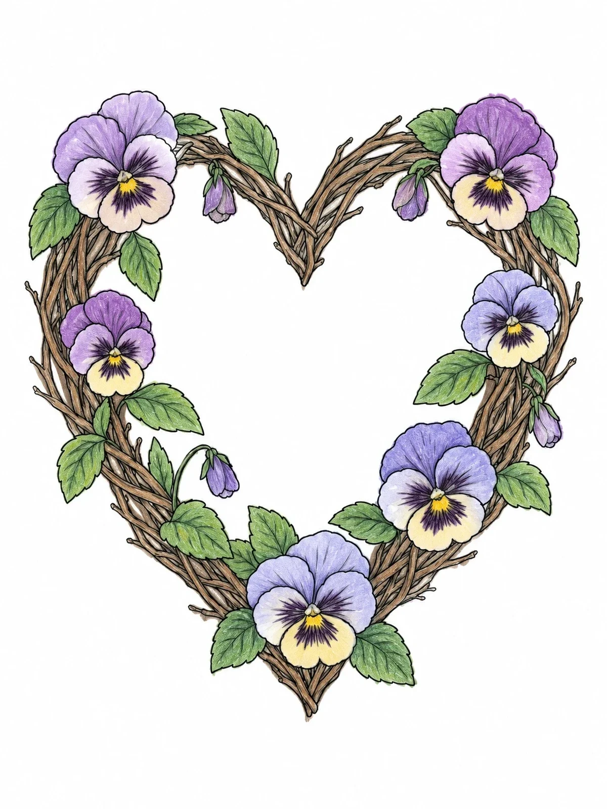 Colored example of the Heart Wreath With Blooming Pansies coloring page