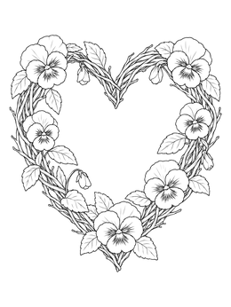 A detailed pansy coloring page featuring a woven heart wreath adorned with blooming flowers and leaves.