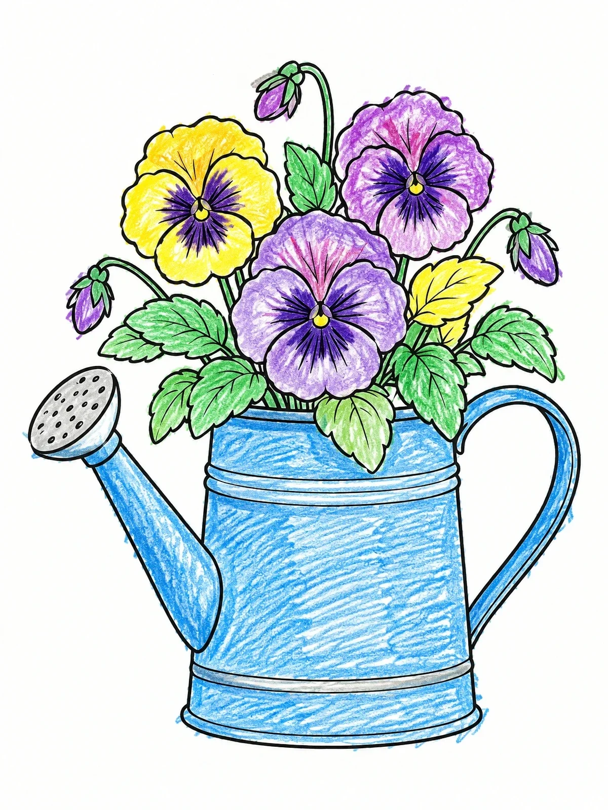 Colored example of the Pansies In A Watering Can coloring page