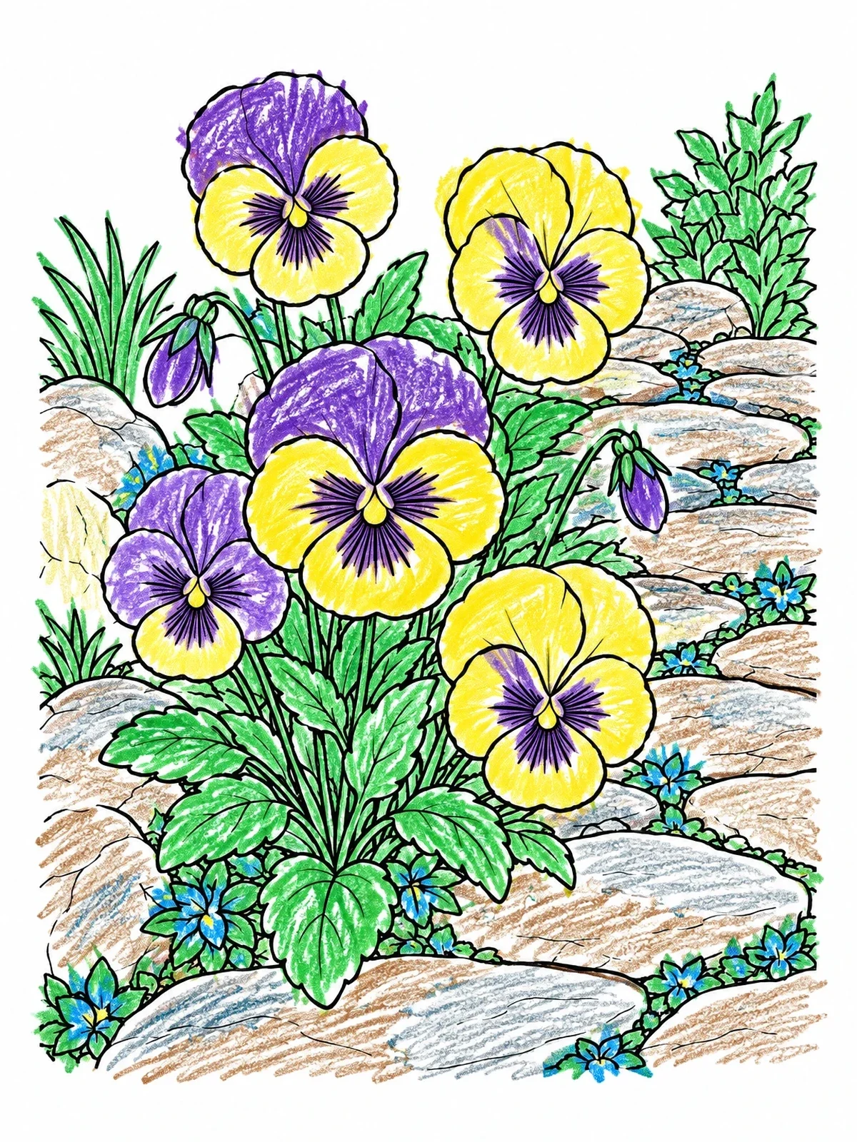 Colored example of the Pansies On A Stone Pathway coloring page