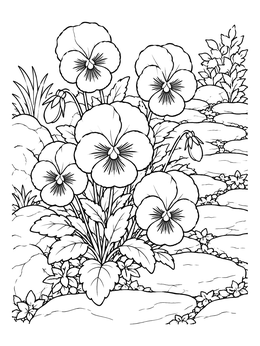 A pansy coloring page showing vibrant blossoms growing beside a charming stone garden path.