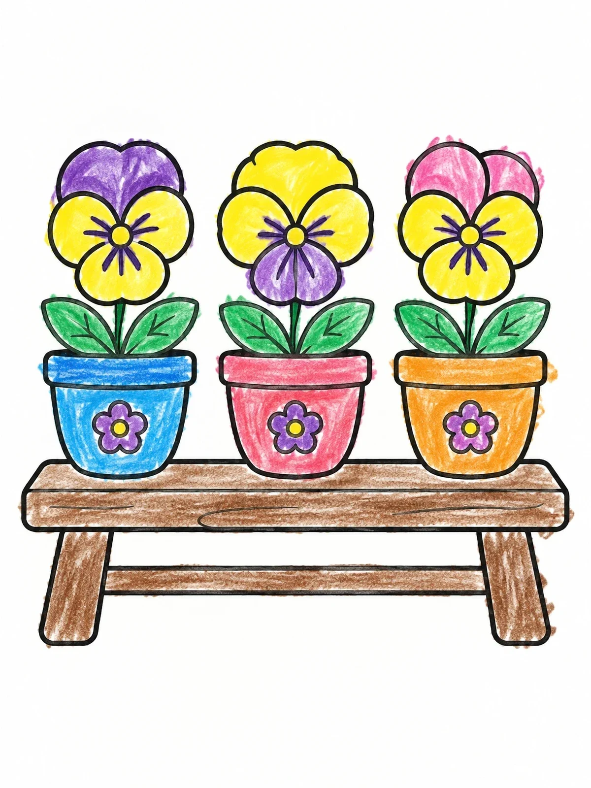 Colored example of the Potted Pansies On A Bench coloring page