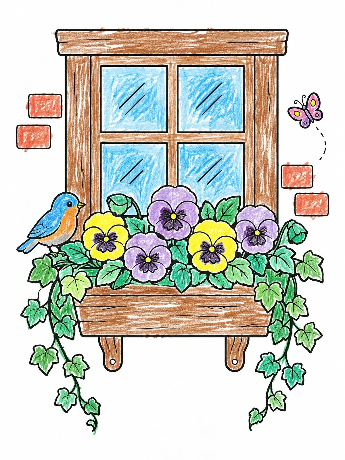 Colored example of the Pansy Window Box With Bird And Butterfly coloring page