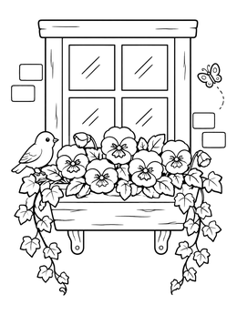 Free printable Pansy Window Box With Bird And Butterfly coloring page