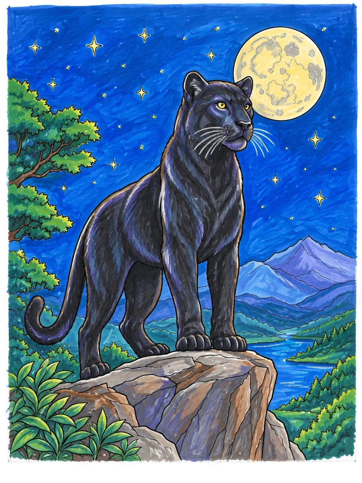 Colored example of the Panther On A Cliff At Night coloring page