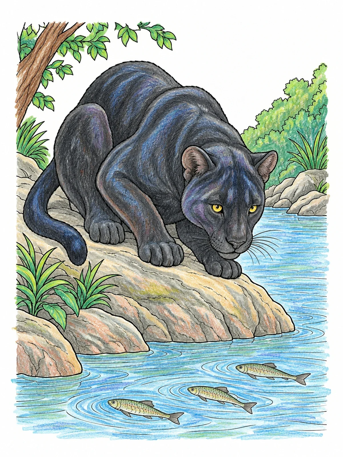 Colored example of the Panther Crouching By The River coloring page