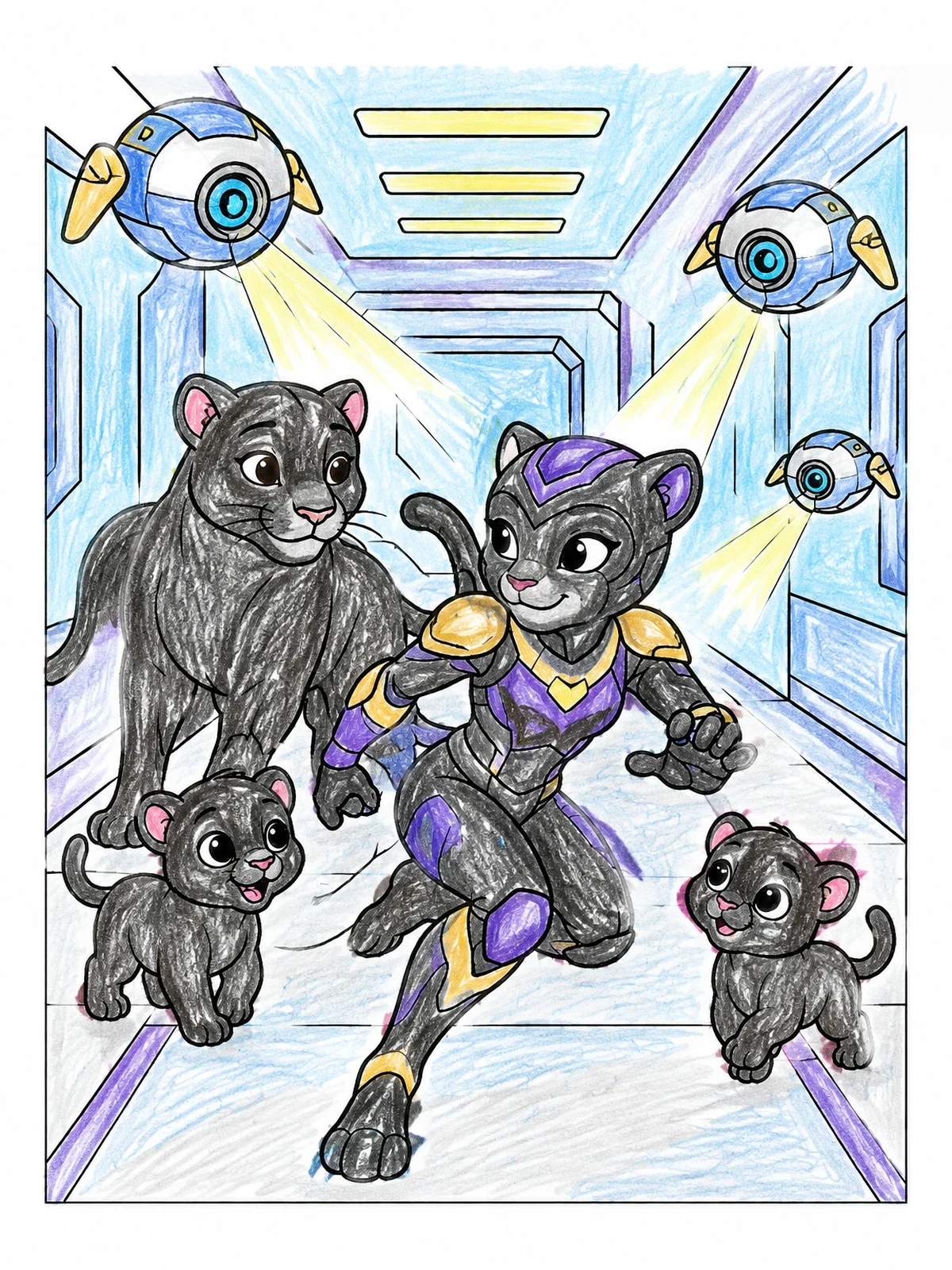 Colored example of the Futuristic Panther Hero With Cubs coloring page