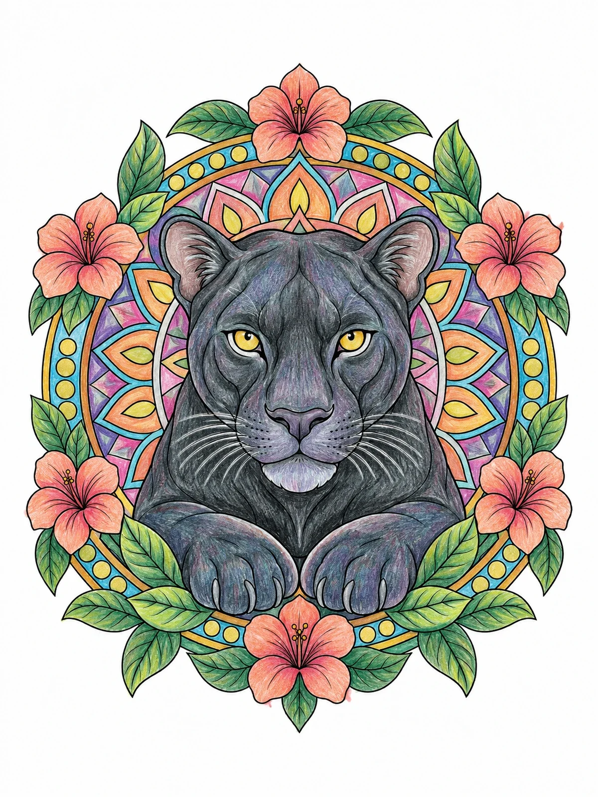 Colored example of the Majestic Panther In Floral Mandala coloring page
