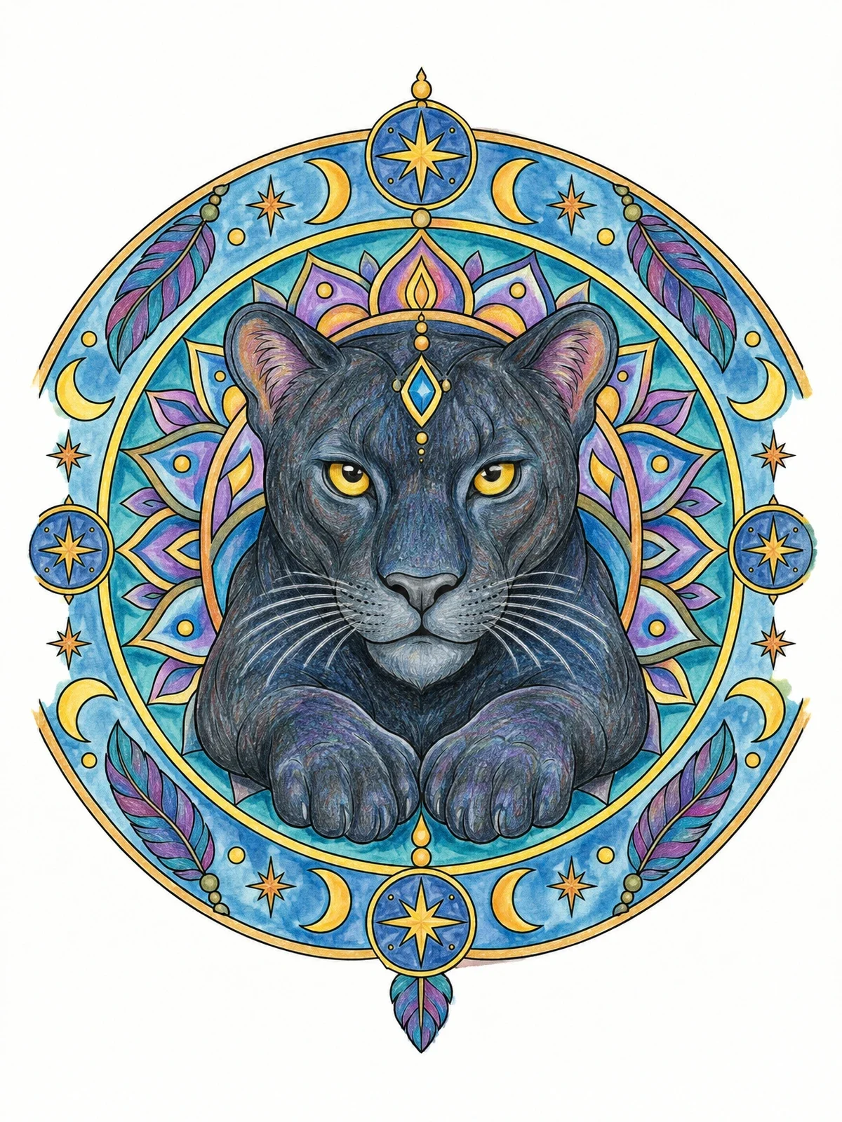 Colored example of the Panther Mandala With Stars And Feathers coloring page