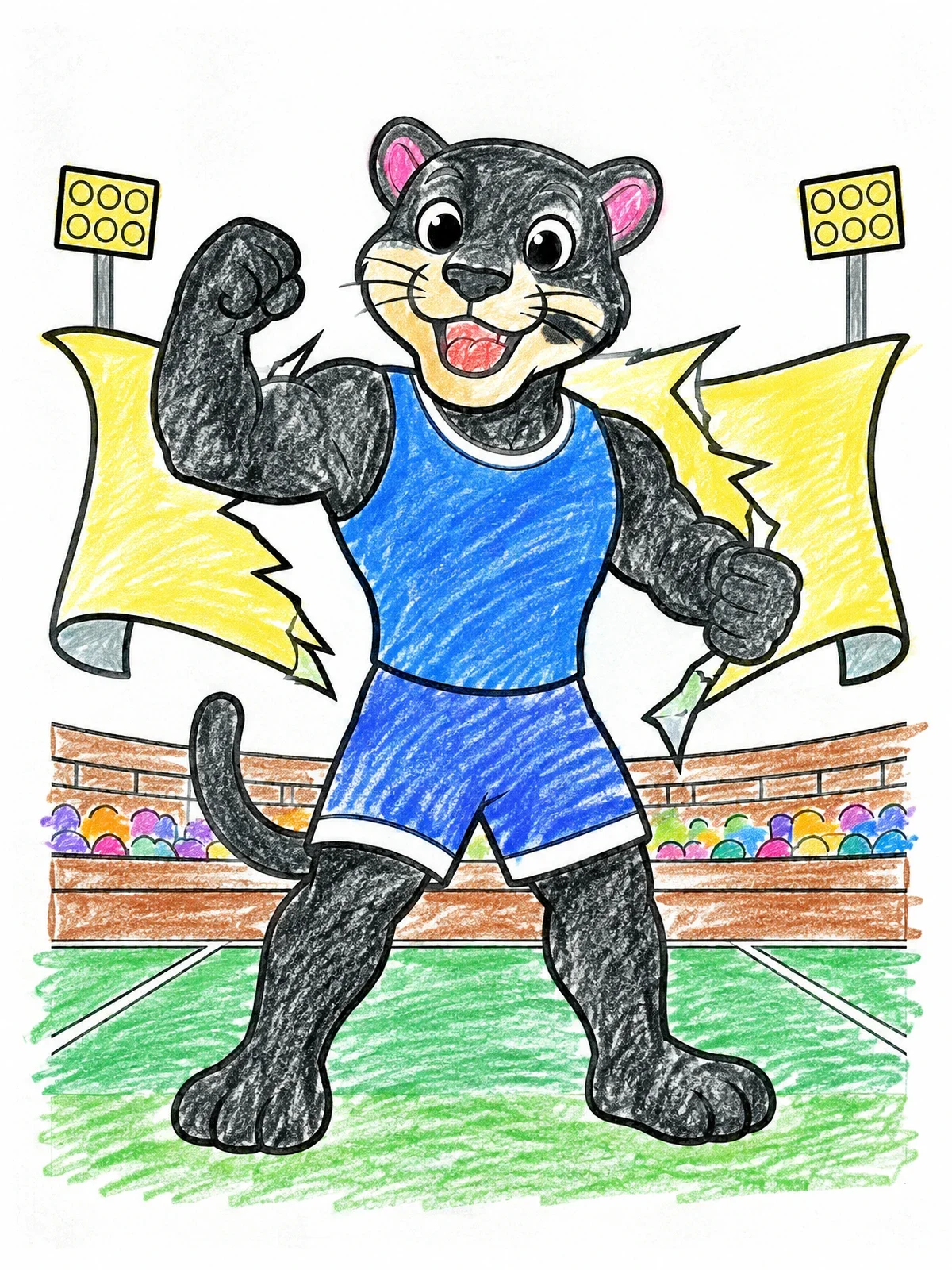 Colored example of the Panther Mascot In The Stadium coloring page