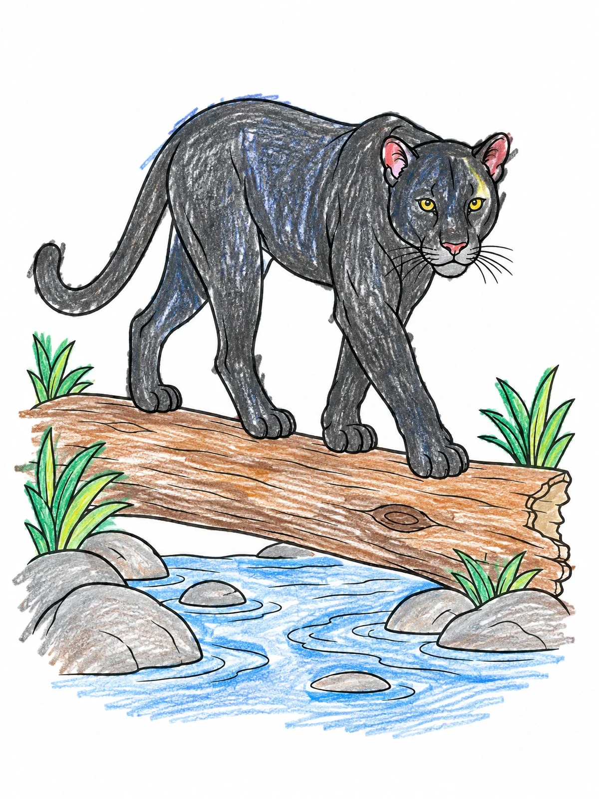 Colored example of the Panther Walking On A Fallen Log coloring page