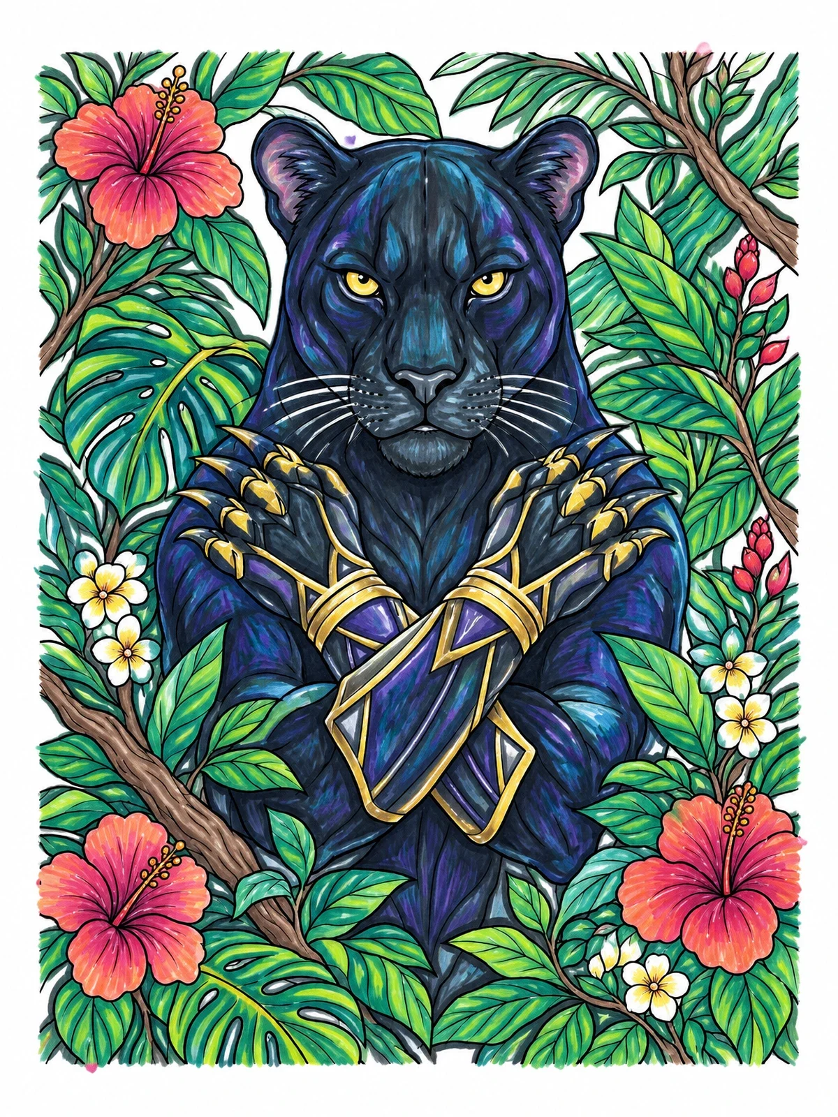 Colored example of the Panther Warrior In Jungle Foliage coloring page