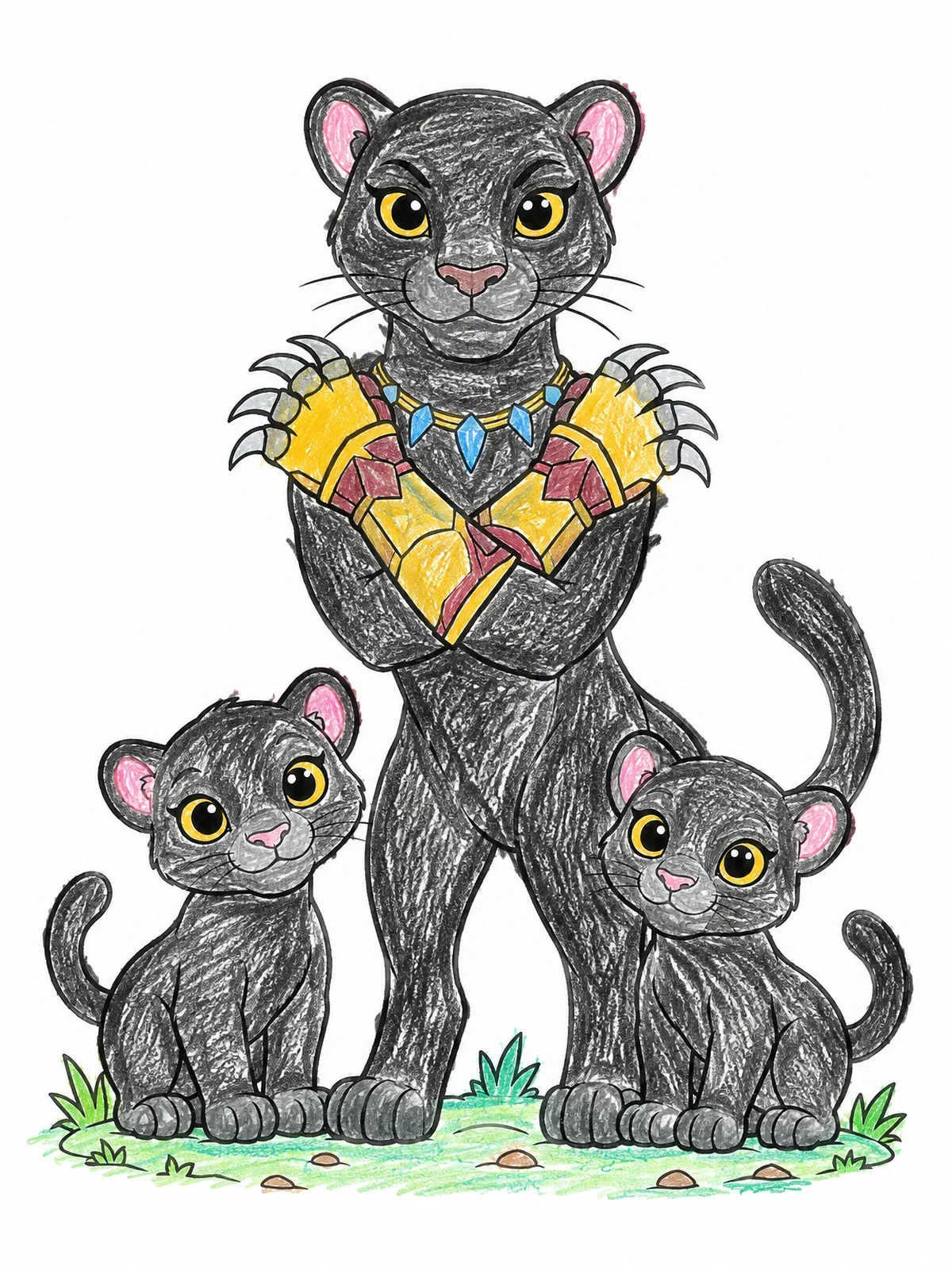 Colored example of the Panther Warrior With Cute Cubs coloring page