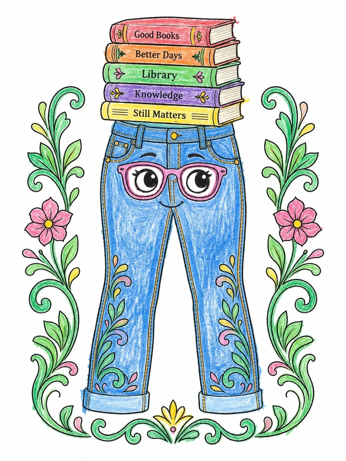 Colored example of the Denim Jeans Balancing Library Books coloring page