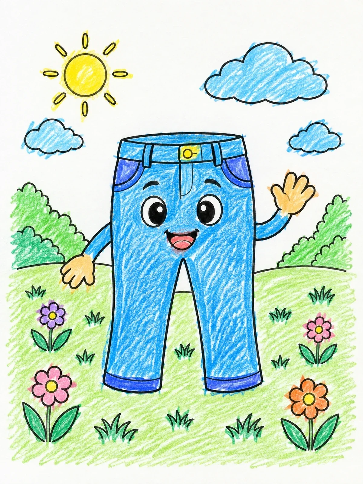 Colored example of the Happy Waving Cartoon Jeans coloring page