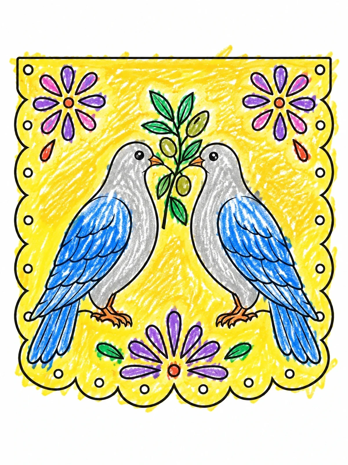Colored example of the Papel Picado Banner With Doves coloring page