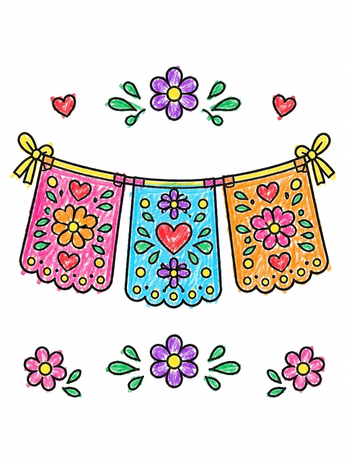 Colored example of the Papel Picado Garland With Hearts And Flowers coloring page