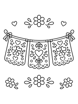 Free printable Papel Picado Garland With Hearts And Flowers coloring page