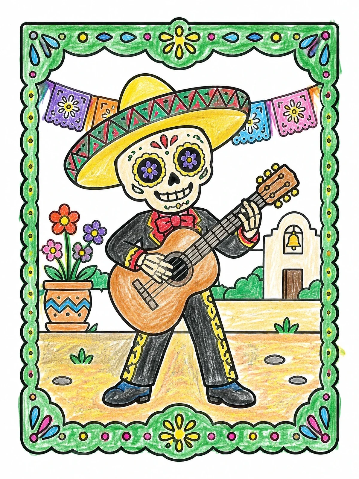Colored example of the Mariachi Calavera With Fiesta Banners coloring page