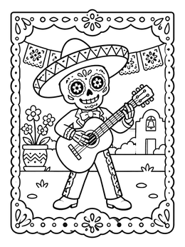 Free printable Mariachi Calavera With Fiesta Banners coloring page