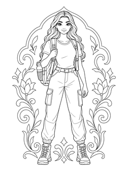 An adventurous hiker girl stands framed by floral patterns on this paper doll coloring page.