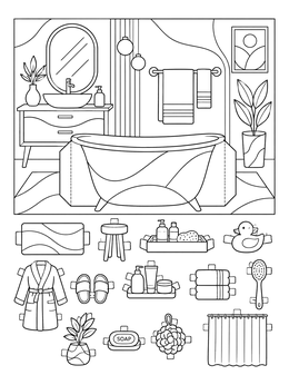A modern bathroom background with cut-out tub and fold-tab items on this paper doll coloring page.