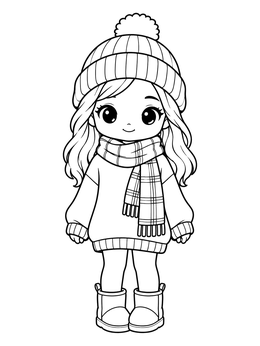 A cozy chibi girl wearing an oversized sweater and beanie on this paper doll coloring page.