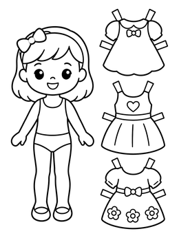 A sweet dress coloring page featuring a paper doll girl with three different printable cutout dresses.