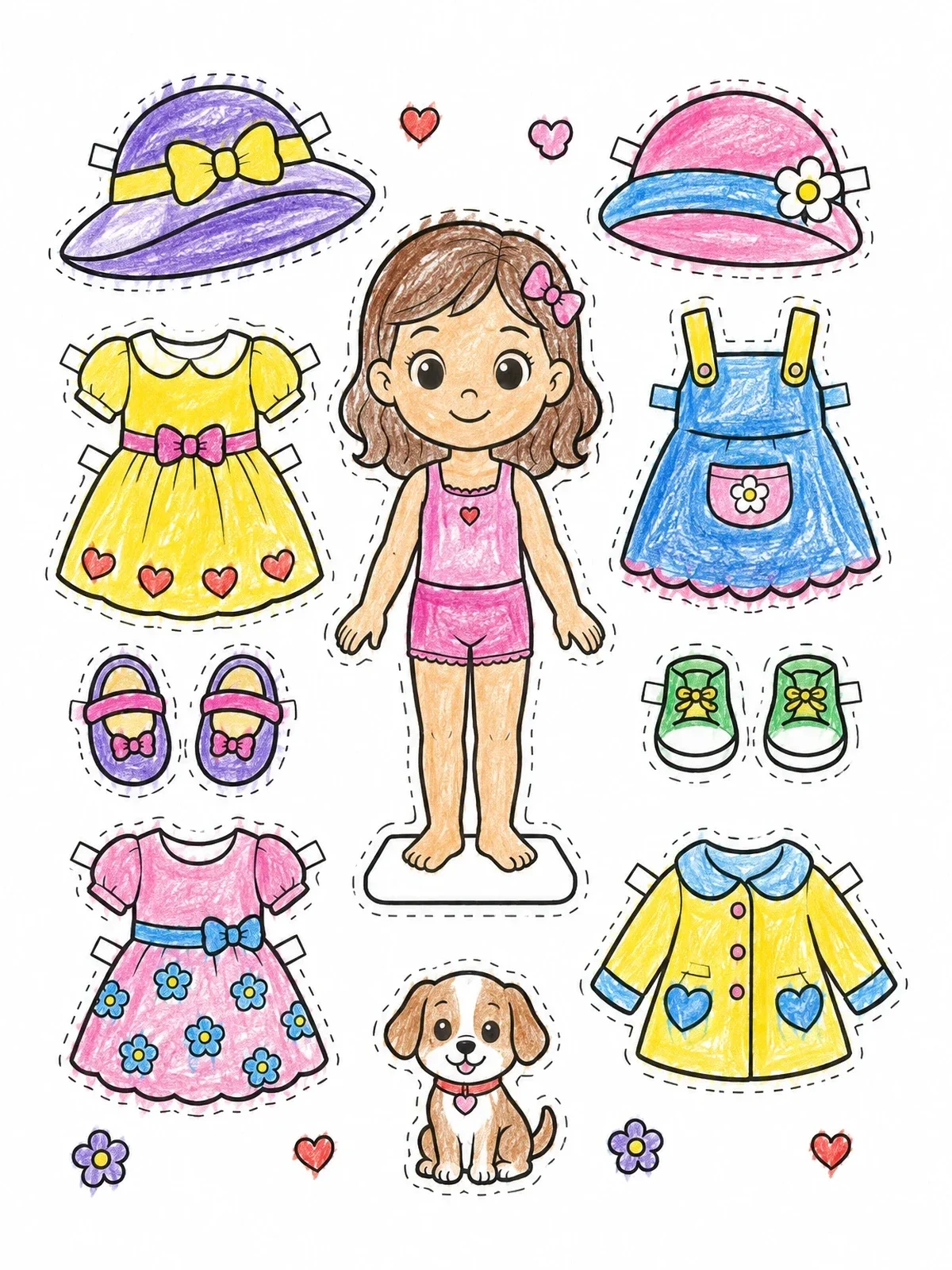 Colored example of the Paper Doll With Outfits And Puppy coloring page