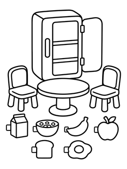 Free printable Paper Doll Kitchen And Breakfast Play Set coloring page