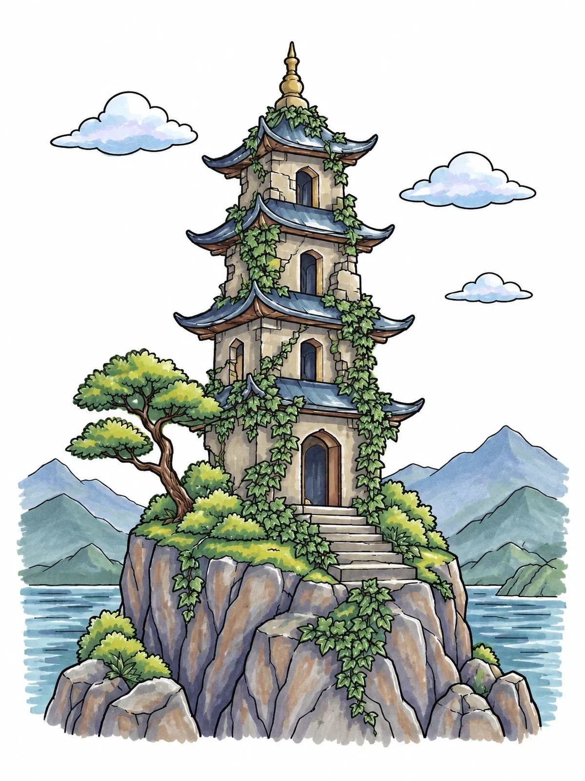 Colored example of the Ancient Pagoda On Cliffside coloring page