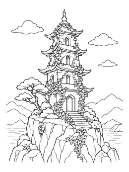 Free printable Ancient Pagoda On Cliffside coloring page