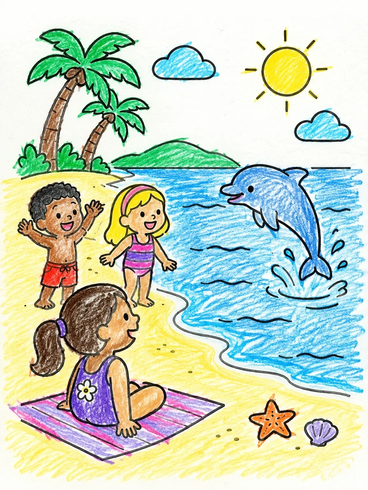 Colored example of the Children Watching A Leaping Dolphin coloring page