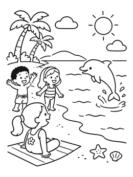 Free printable Children Watching A Leaping Dolphin coloring page