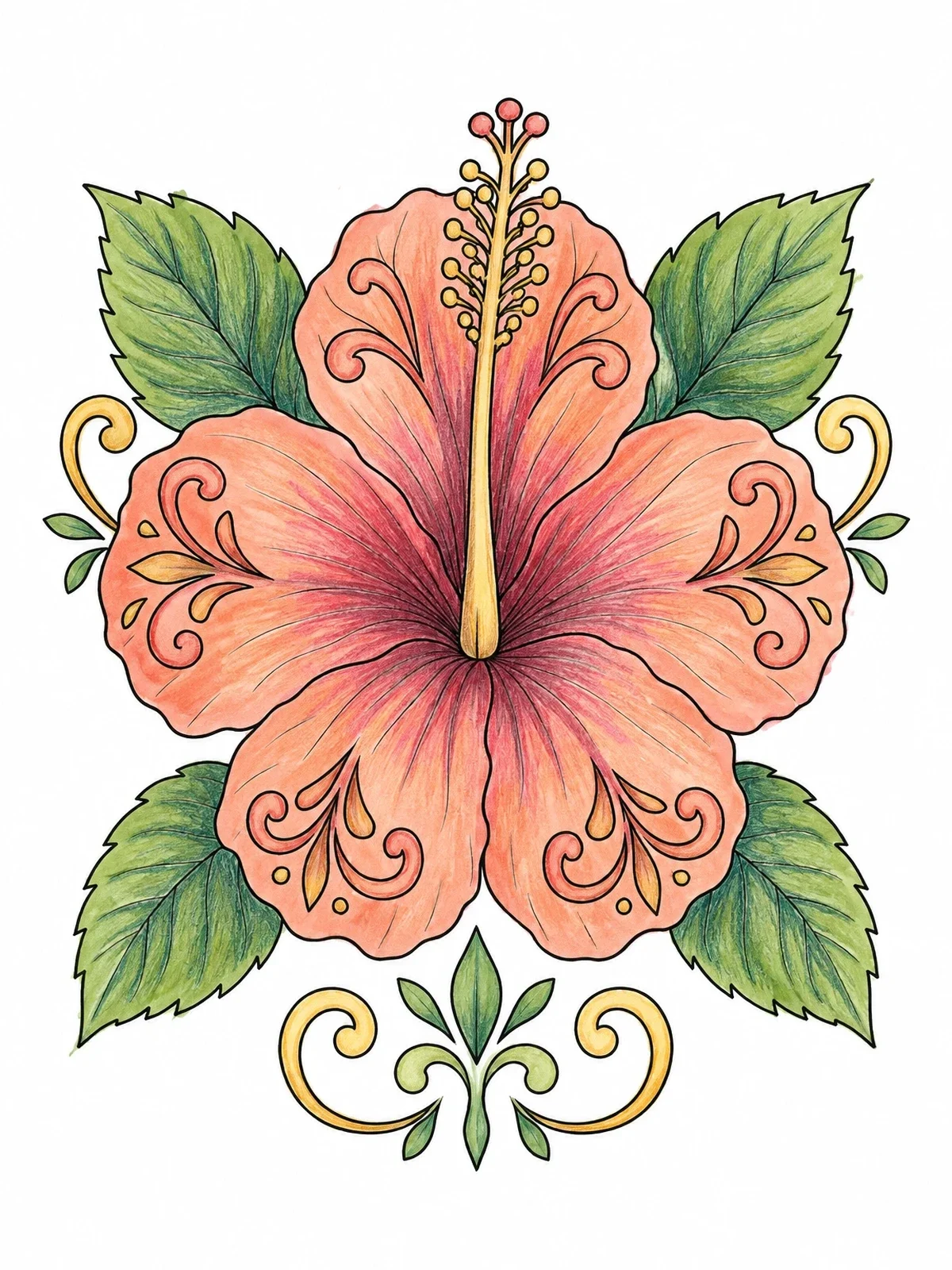 Colored example of the Detailed Tropical Hibiscus Bloom coloring page