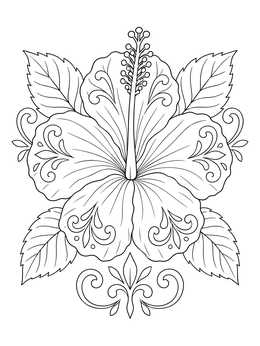 A detailed hibiscus bloom on this paradise coloring page with ornate petals and leaves.