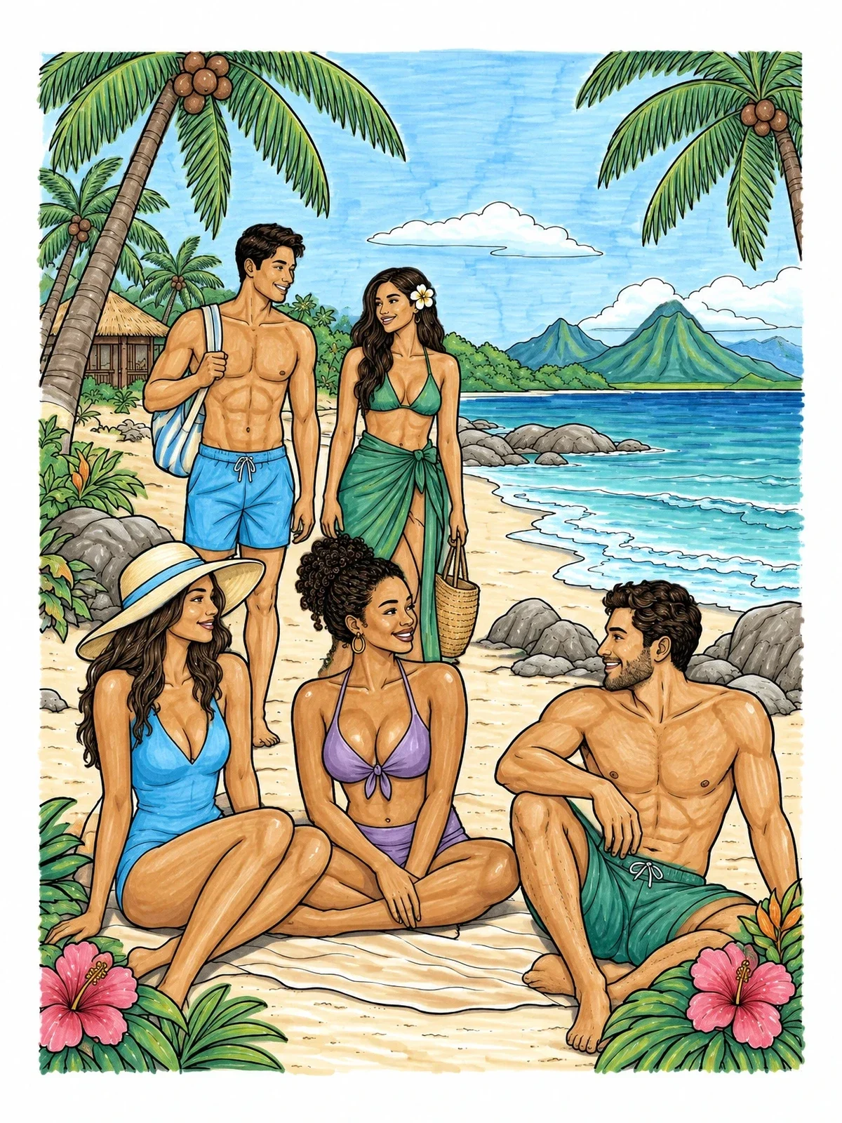 Colored example of the Friends Relaxing On Tropical Beach coloring page